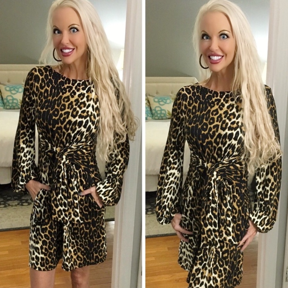 ❤️LAST 1! Puff Sleeve Tie Front Leopard Knit Dress - Picture 5 of 5